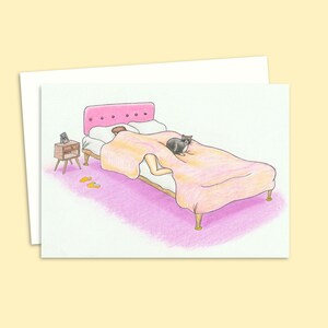 Cute Cat Greeting Card, Hand Drawn Original Art for Cat Lovers with a Cosy Bedtime Illustration