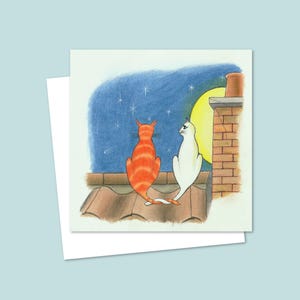 Carte de voeux pour amoureux des chats - Illustration au crayon dessinée à la main de chats romantiques sur un toit - Convient pour toutes les occasions - Blanc à l'intérieur