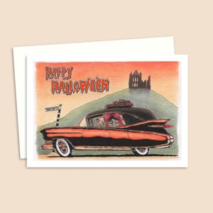 Funny Greeting Card Featuring an Original Illustration of a Skeleton Family Outing, Ideal for Birthdays or Halloween, Blank Inside