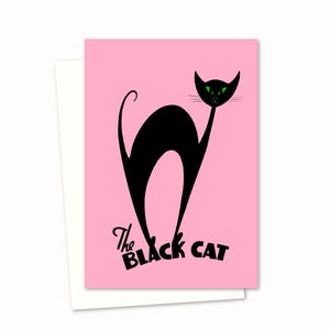 Carte de voeux chat noir - chat atomique du milieu du siècle disponible en rose ou jaune - intérieur vierge pour votre propre message
