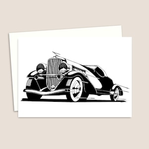 Cartão de felicitações de carro antigo - Ilustração detalhada a caneta e tinta de um clássico dos anos 1930 - Cartão de aniversário ideal para um amante de carros - Interior em branco