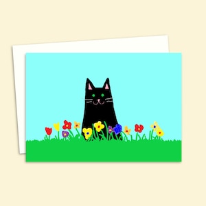 Carte de voeux chat noir - Illustration dessinée à la main pour un amoureux des chats, adaptée à toutes les occasions - Intérieur vierge pour votre propre message