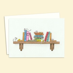 White Mice Greeting Card with a Hand Drawn Illustration of Cute Mice on a Bookshelf, Funny Card Left Blank Inside for Your Own Message