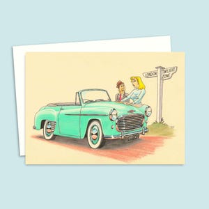 Funny Greeting Card - Birthday Card with a Hand Drawn Illustration - Mid Century Classic Car Cartoon - Blank Inside for Your Own Message