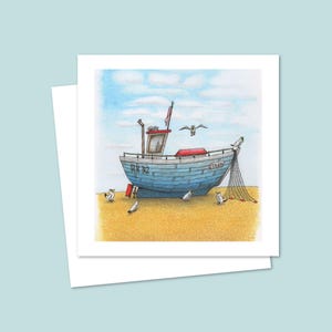 Fishing Boat Greeting Card with a Hand Drawn Beach Scene, Perfect for Birthdays & Anniversaries, Blank Inside for Personal Messages