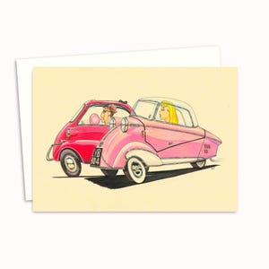 Greeting Card with a Hand Drawn Pencil Illustration of Iconic Fifties Cars - Fun Retro Art Card for Any Occasion - Blank Inside