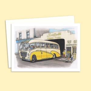 Carte de voeux de voyage en autocar - Illustration dessinée à la main - Oeuvre d'art nostalgique du passé - Carte pour toute occasion laissée vierge à l'intérieur pour votre propre message