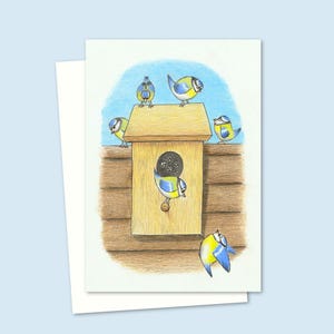 Garden Birds Greeting Card with a Hand Drawn Illustration of a Birds Nesting Box, Blank Inside For Your Own Message