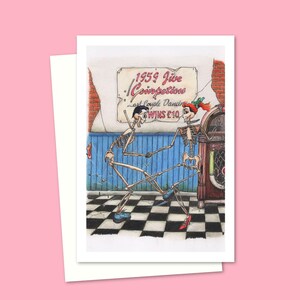 Tarjeta de felicitación de esqueletos danzantes con una ilustración de dibujos animados dibujada a mano para cualquier ocasión, interior en blanco para su propio mensaje.