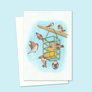 Biglietto d'auguri con uccelli da giardino e illustrazione naturalistica disegnata a mano, adatto a qualsiasi occasione, interno vuoto per il tuo messaggio.