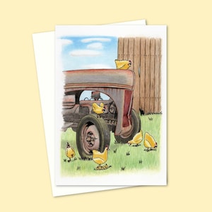 Tarjeta de felicitación con gallinas adorables: ilustración dibujada a mano de gallinas de granja felices. Interior en blanco para tu propio mensaje.