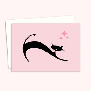 Pink Cat-wenskaart - Mid Century Atomic Black Cat Art - kaart voor elke gelegenheid - blanco binnenkant