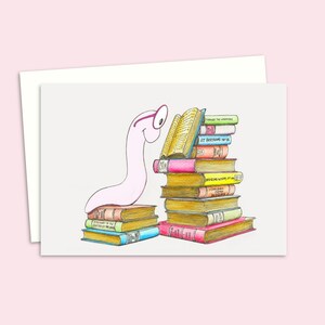 Bookworm Greeting Card with a Hand-Drawn Cute and Funny Illustration for Book Lovers, Blank Inside for your Own Message