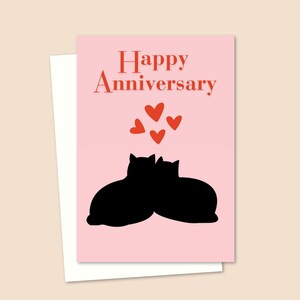 Happy Anniversary Card - Black Cats and Love Hearts - Cat Parent Wedding Anniversary Celebration - Blank Inside for your Own Message