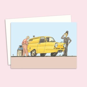 Tarjeta de felicitación de tiempos pasados - Ilustración de dibujos animados de una camioneta de tres ruedas - Tarjeta de cumpleaños nostálgica - Interior en blanco para tu propio mensaje