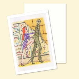 Egyptian Mummy Greeting Card with a Hand Drawn Cartoon Illustration, Ideal for Birthdays and Halloween, Blank Inside for Your Own Message
