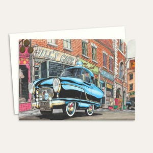 Carte de voeux artistique amusante pour toutes les occasions avec une illustration de la nostalgie du milieu du siècle, avec une voiture de police classique, vierge à l'intérieur