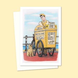 Carte de voeux bord de mer - Vendeur de glaces nostalgique en bord de mer avec un chien adorable - Carte vierge pour toutes les occasions