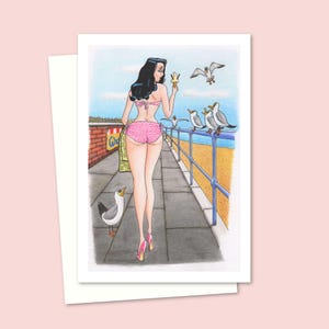 Seaside Postkarte Grußkarte - Alte Stil Cartoon Kunst Karte für jeden Anlass - Leere Innenseite für Ihre eigene Nachricht