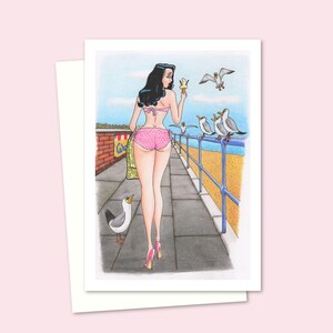 Seaside Postcard Greeting Card - Old Style Cartoon Art Card for Any Occasion - Blank Inside for your Own Message