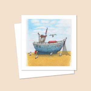 Cartão de felicitações de barco de pesca - Ilustração desenhada à mão de uma cena de praia - Ideal para aniversários ou datas comemorativas - Em branco por dentro