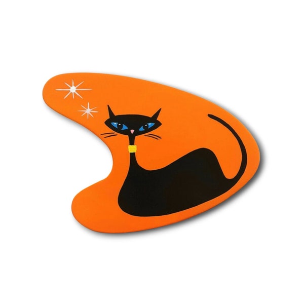 Orange Retro Cat Wall Art: Handmade Mid Century Design - Black Cat Lover Gift