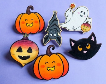 Halloween Pin Badge - Laser Cut Wooden Brooch - Spooky Lapel Pin - Samhain Gift - Witchy Badge - Pastel Goth - Spoopy - Creepy Cute - Kawaii