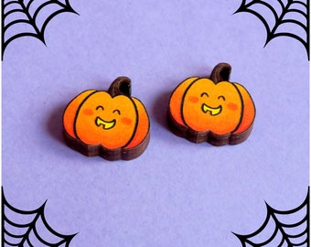 Cute Pumpkin Stud Earrings - Kawaii Jack o Lantern Studs - Wooden Halloween Earrings - Laser Cut Jewellery - Spooky Accessories