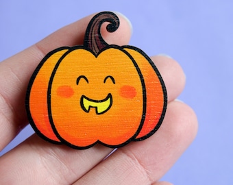 Cute Pumpkin Pin Badge - Jack o’ Lantern Pin - Halloween Accessories - Laser Cut Wooden Brooch - Samhain Gift