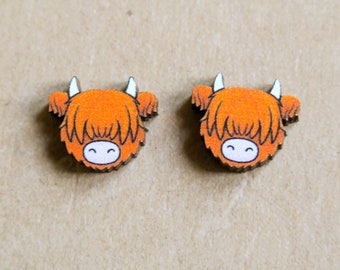 Cute Highland Cow Stud Earrings - Scottish Gift - Laser Cut Wooden Jewellery - Heilan Coo Accessories - Hairy Highland Coo Trail