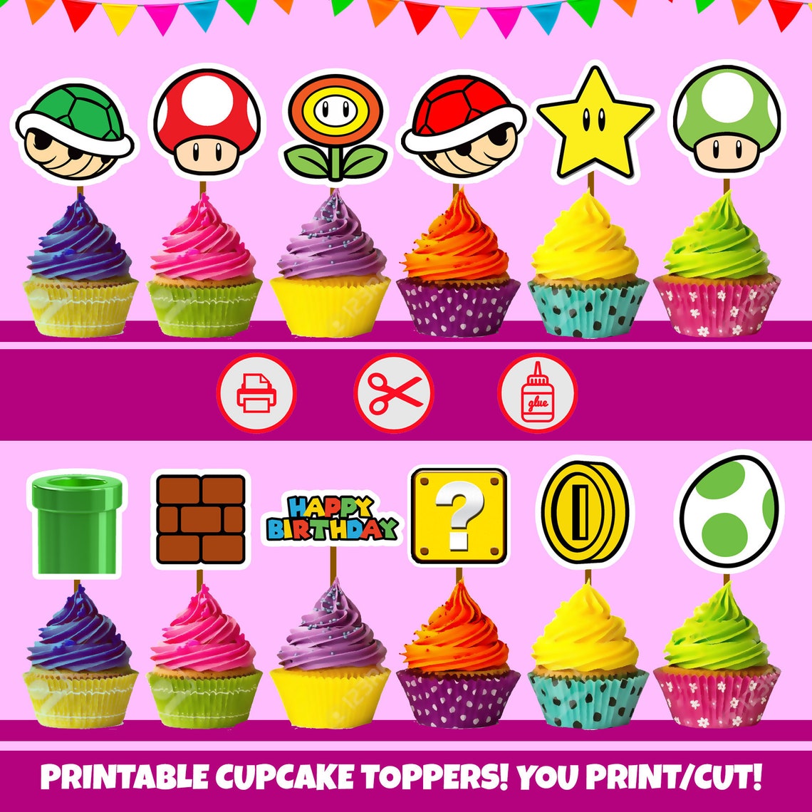 Super Mario Printable Cupcake Toppers Mario Birthday Mario | Etsy