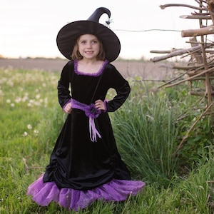 Vera The Velvet Witch Dress & Hat, kids witch costume, black witch dress, purple witch costume, kids halloween costume, witch dress