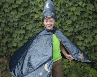 Wizard Cape and Hat, starry wizard cape for pretend play, pretend play dressup, kids dressup