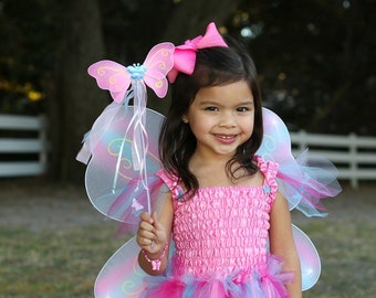 Pink/Multi Butterfly Dress & Wings With Wand