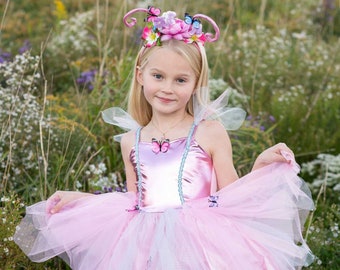 Woodland Butterfly Dress & Headpiece, kids butterfly dress, kids butterfly costume, pink butterfly dress