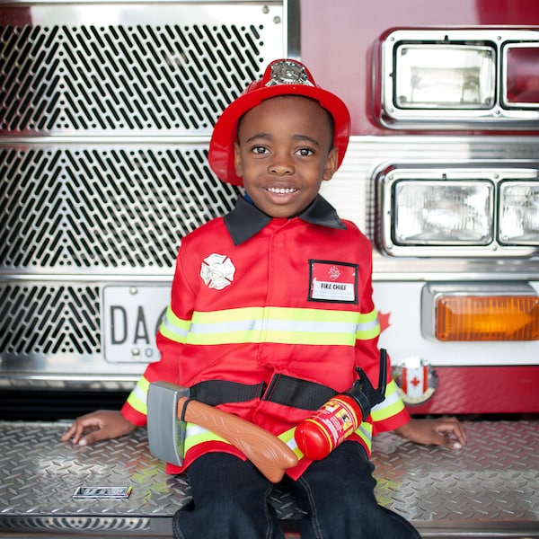 Firefighter with Accessories in Garment Bag, pretend play dressup, kids dressup, firefighter dressup, firefighter pretend play