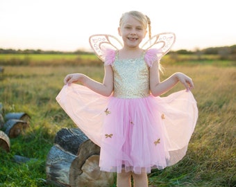 Gold Butterfly Dress with Fairy Wings, pretend play dressup, kids dressup, pink and gold fairy dress