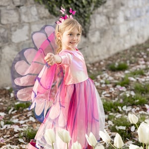 Pink Butterfly Twirl Dress with Fairy Wings and Headband, pretend play dressup, kids dressup, pink fairy dress image 3