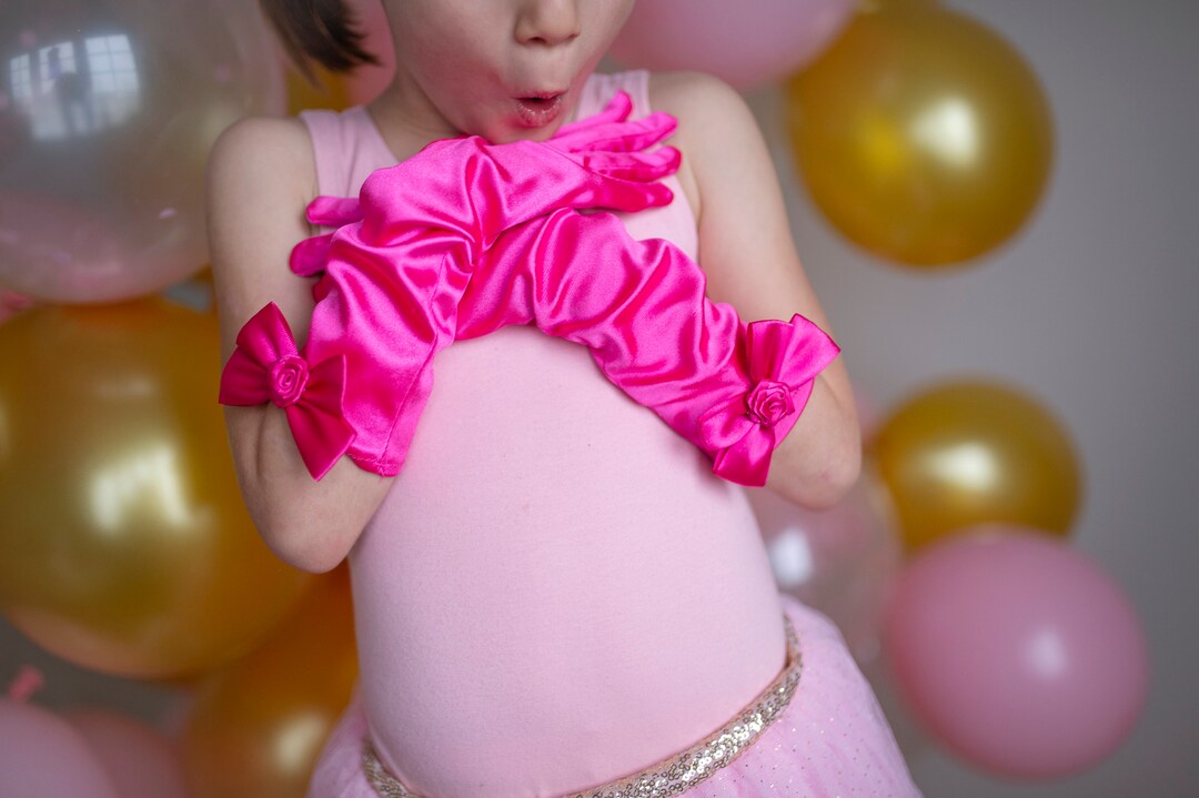 Hot Pink Princess Gloves, Kids Long Gloves, White Satin Gloves for Kids ...