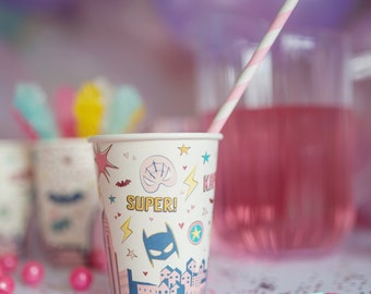 Pink superhero cups, pink superhero birthday party, brthday partyware, kids birthday