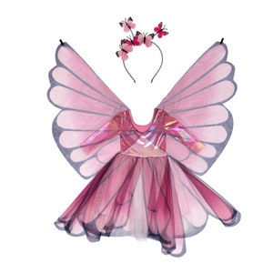 Pink Butterfly Twirl Dress with Fairy Wings and Headband, pretend play dressup, kids dressup, pink fairy dress image 6