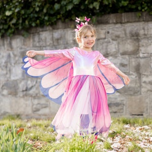 Pink Butterfly Twirl Dress with Fairy Wings and Headband, pretend play dressup, kids dressup, pink fairy dress image 1