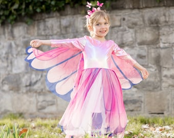 Pink Butterfly Twirl Dress with Fairy Wings and Headband, pretend play dressup, kids dressup, pink fairy dress