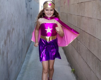 Superhero star dress, superhero costume, pink supergirl dress, kids costumes, superhero costume for girls