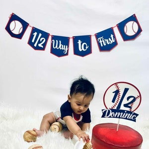 Baseball 1/2 birthday banner, Half way to First banner, Baseball banner, half birthday decorations, Cake Topper