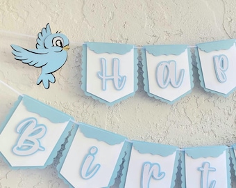 Blue Birds Cinderella Happy Birthday Banner, Custom Party Decor