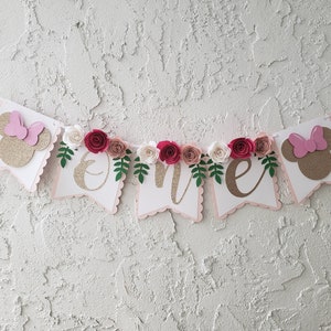 Floral Minnie Mouse Highchair Banner, Glitter Party Decor image 1