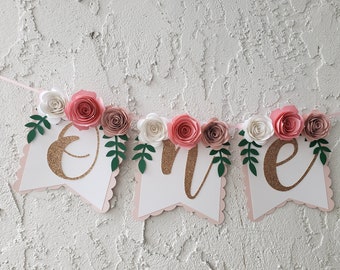"Hochstuhl Girlande ""One"" zum Geburtstag, Blush Pink & Gold ""One"""