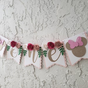 Floral Minnie Mouse Highchair Banner, Glitter Party Decor image 3