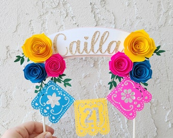 Fiesta Cake Topper, Custom Flower & Papel Picado Birthday Decor